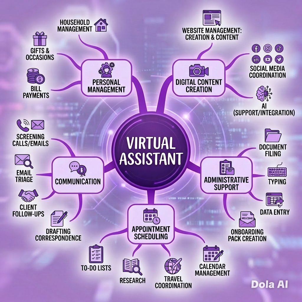 Some of the many tasks a virtual assistant can undertake. From Digital Content Creation, Personal Management, Administrative Support, Appointment Scheduling, Communication and many more.