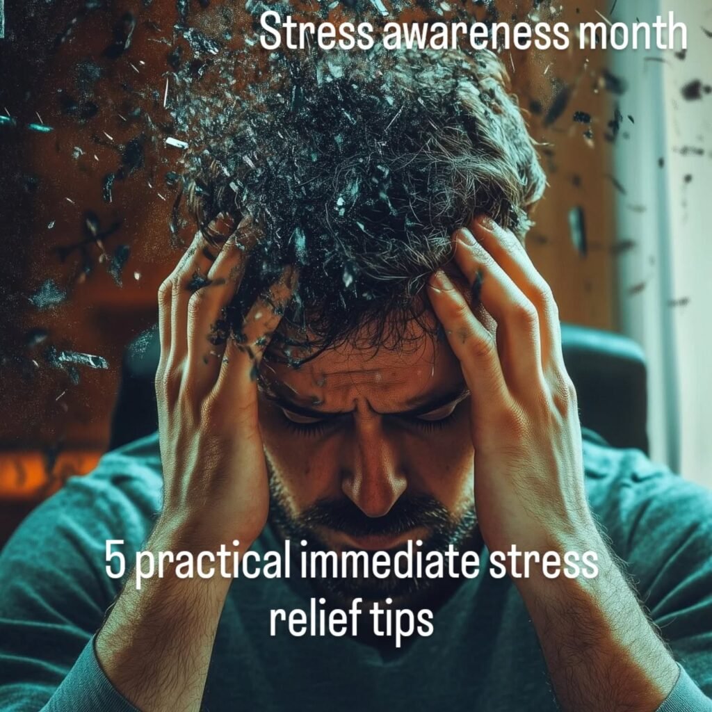 Man with head in his hands looking very stressed. 5 practical immediate stress relief tips