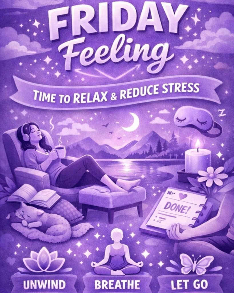 Be kind to yourself.
Friday feeling a woman relaxing in a purple colour  scheme with calming images.