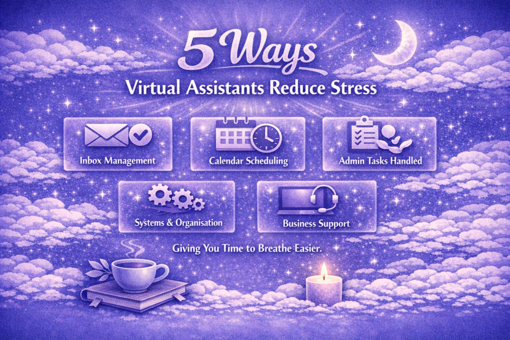 5 Tasks virtual assistants can help with 5 ways virtual assistants can help reduce stress. Inbox management, calendar scheduling, admin tasks handled, systems and organisation, business support.